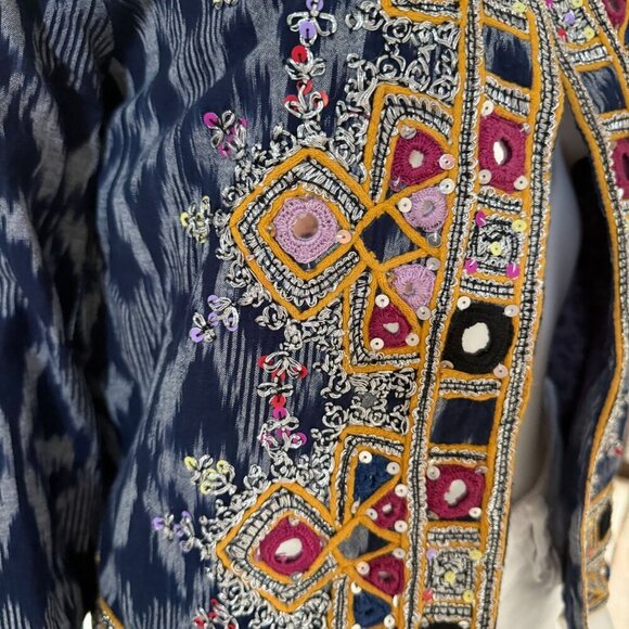 Calypso St. Barth Navy Akillna Ikat Jacket With Colorful Embroidered Mirror Deta - Picture 9 of 11